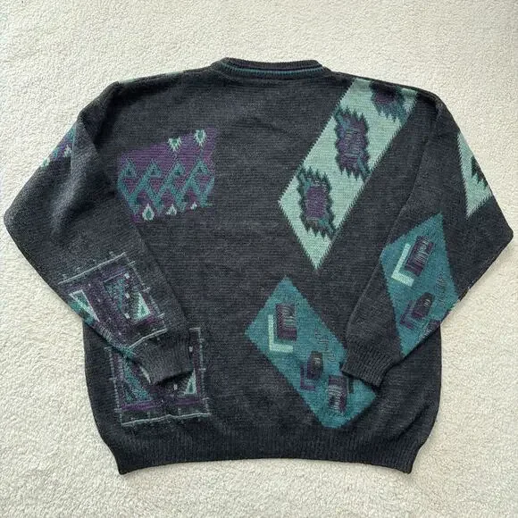 Vintage Cambio Italia Geometric Wool Crewneck Sweater Made In Italy L XL 80s 90s - Picture 5 of 6
